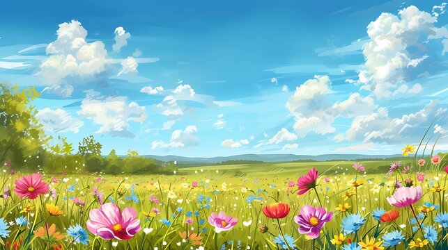illustration  of  a  flower  meadow  in  spring  with  blue sky