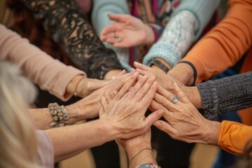 A diverse group of individuals coming together and putting their hands in a circle during a personal development workshop or retreat