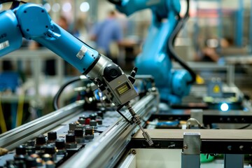 Robotic arms work diligently on a conveyor belt in a factory, assembling products with precision and efficiency in an industrial setting