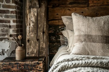 A rustic wooden headboard bed placed beside a weathered brick wall in a farmhouse interior setting