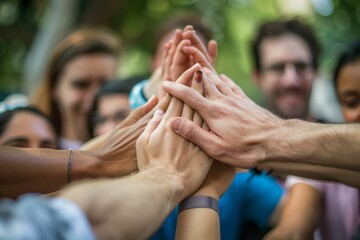 A diverse team showcases unity and teamwork by holding their hands together in a huddle or high-five gesture