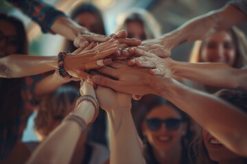 A group of people coming together, stacking their hands in a symbol of teamwork and collaboration to achieve common goals