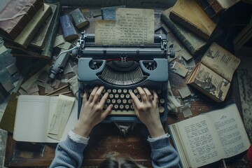 A person is typing on an old typewriter surrounded by a collection of books in a cozy writing space