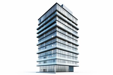 Fototapeta premium 3D Render of sleek office tower with glass façade and modern architectural design, on isolated white background, Generative AI