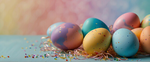 Easter holiday celebration banner greeting card banner, with colourful painted easter eggs that...