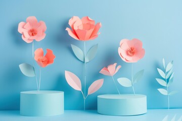 Paper craft flowers in pink and coral with blue backdrop.