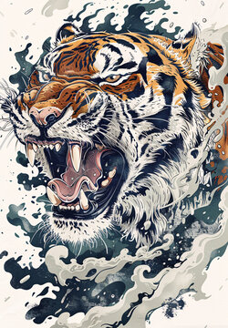 Golden national trend twelve zodiac sign tiger, traditional decorative pattern cartoon image concept illustration