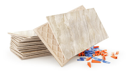 Pile of different ceramic tiles on a white background. 3d illustration