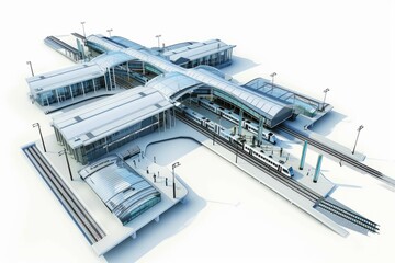 3D Render of transportation hub with train stations, bus terminals, and parking structures, on isolated white background, Generative AI