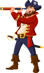 Cartoon pirate captain character with spyglass. Isolated vector sea sailor, corsair or rover personage peers through a telescope glass, with saber on belt, tricorn hat and grin under a bushy beard