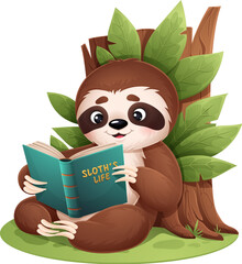 Cartoon cute sloth character reading book, vector funny jungle bear. Cute sloth reads book of sloth life sitting at tree in forest, cheerful exotic sloth animal for kids or cartoon zoo personage © Buch&Bee