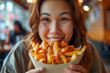 Cheerful Young Woman Enjoying Delicious Gourmet French Fries at Cozy Restaurant, Smiling Female Foodie Indoor Dining Experience
