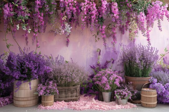 Lavender and lilac flowers in a rustic display with a painted backdrop.