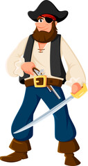 Cartoon pirate and corsair sailor character in tricorn hat. Isolated vector swashbuckling sea rover personage with beard and eye-patch, armed saber and gun, ready for adventures and treasure hunts