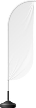 Realistic beach flag or white banner stand for advertising, vector blank mockup. Beach flag banner in feather, bow or teardrop shape, ad stand on pole for commercial promotion or promo display