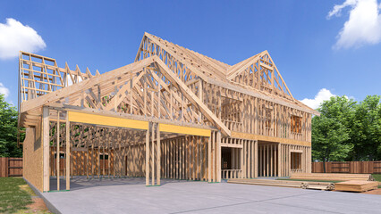 Fototapeta na wymiar Frame house construction site. 3d illustration