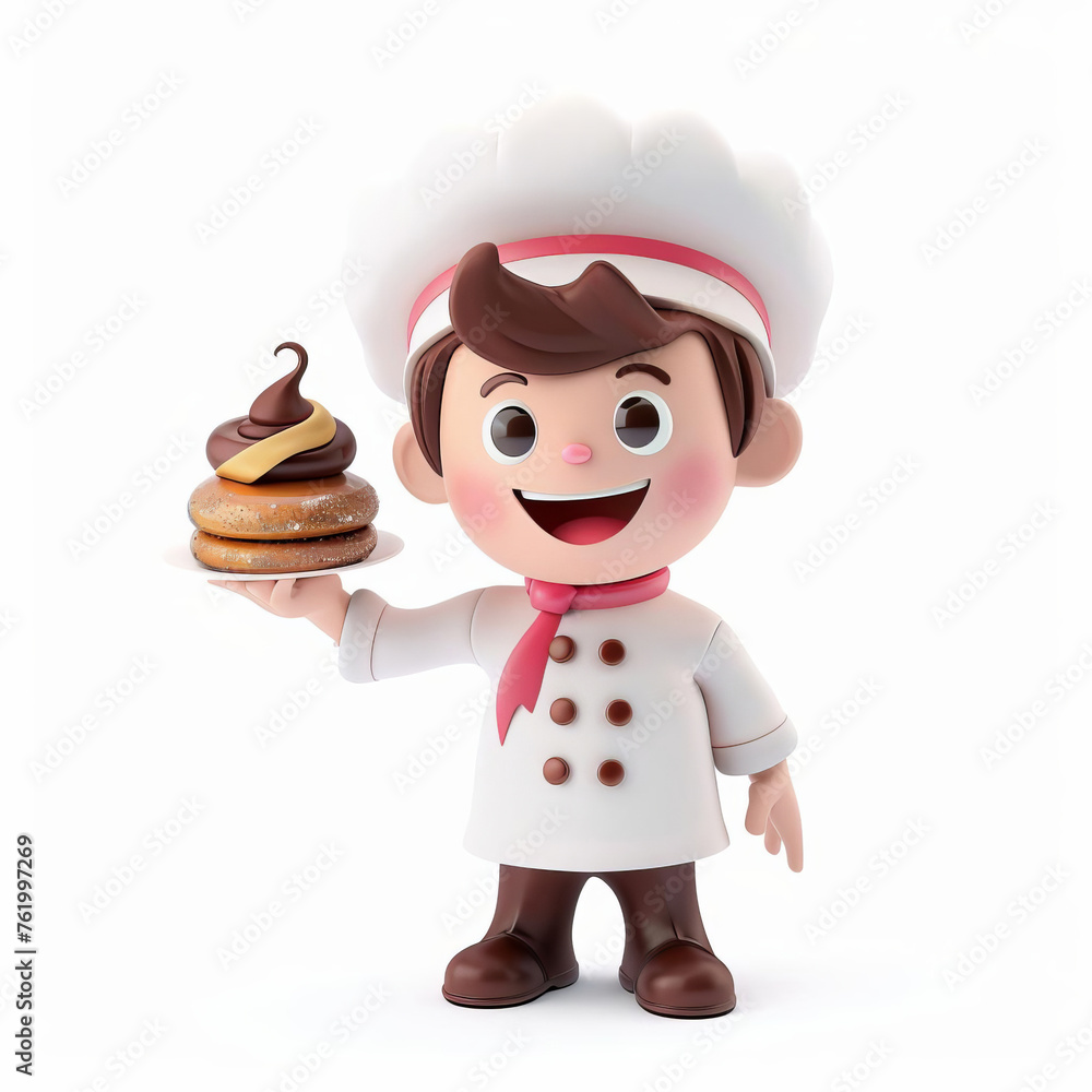 Wall mural 3D cartoon chef presenting a whimsical stacked doughnut dessert; ample copy space; ideal for bakery, pastry, or cooking concept