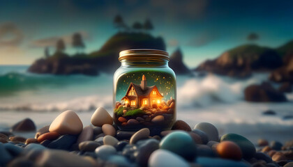 A glass jar filled with a miniature fantasy world including tiny houses, trees, and a beach with waves
