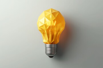Modern yellow geometric lightbulb concept on a gray background, representing creative energy and innovative ideas, Concept of creativity, inspiration, and eco-friendly energy