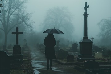 Silhouette of a Person Standing with Umbrella in Foggy Cemetery, Concept of Mourning, Loss, and Solitude