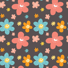 Seamless repeat pattern with flowers on dark background.