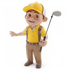 3D illustration of a cheerful cartoon character dressed in golf attire with a club, ideal for sports-themed designs and with copyspace for text