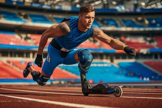 Determined para-athlete with prosthetics in starting blocks at a track, epitomizing resilience and competitive spirit - Powered by Adobe