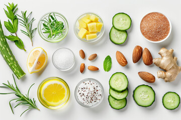 Homemade skin care with natural ingredients aloe vera, lemon, cucumber, himalayan salt, peppermint, rosemary, almonds, cucumber, ginger and honey pollen isolated on white background