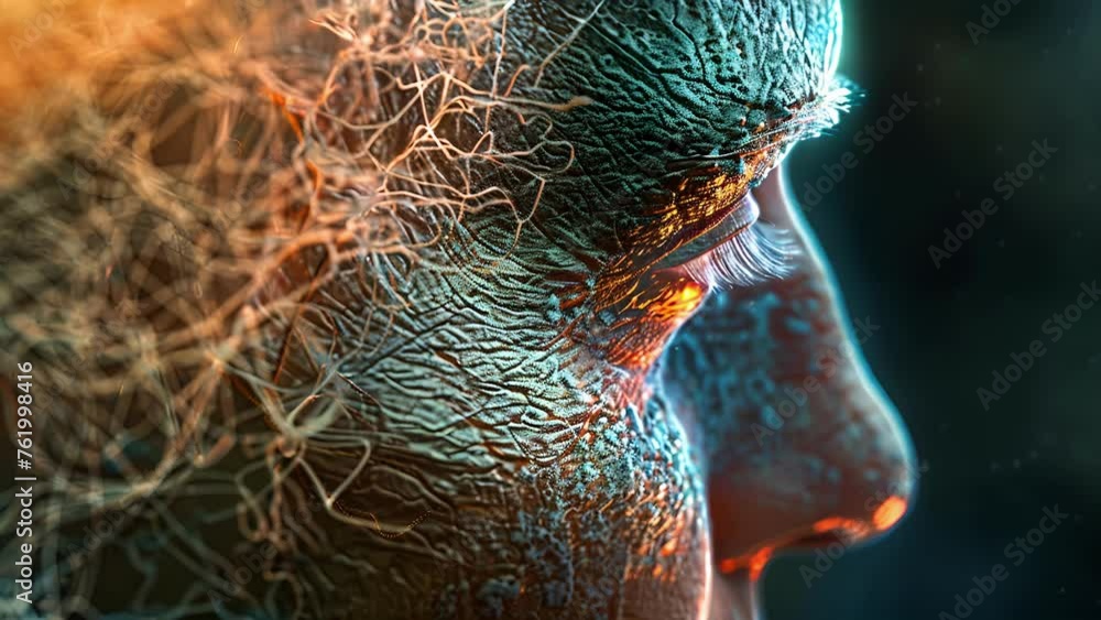 Aufkleber an extreme closeup of a patients skin showing distinct patterns and textures being analyzed by an ai