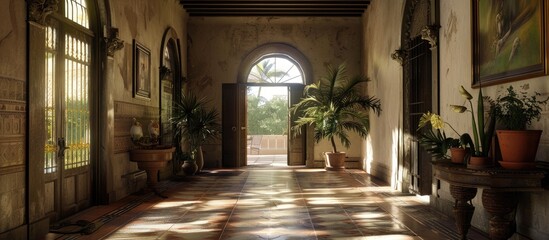 Old interior hallway of a Spanish estate. - obrazy, fototapety, plakaty