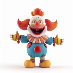 Colorful 3D cartoon clown character with a welcoming gesture on a white background, ideal for children's party invitations or circus-themed designs, with space for text