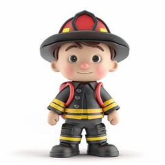 3D illustration of a cheerful fireman, wearing uniform, isolated on white with ample copy space