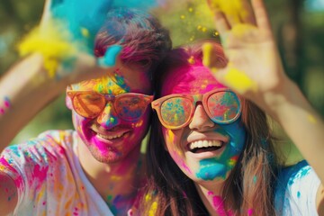 A Happy Couple Playing in the Colorful Paint - Throwing Colored Powder at Each Other. Fictional character created by Generated AI. 
