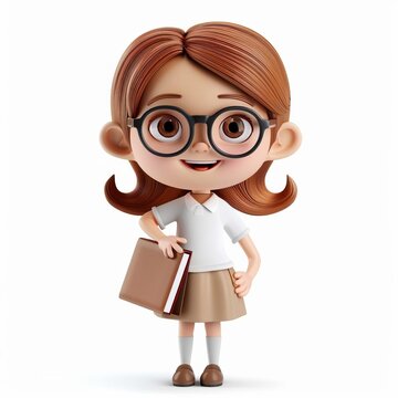 3D illustration of a cheerful young girl cartoon character with glasses and a school uniform, holding a book, perfect for educational themes with space for text