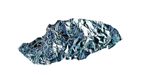 Silver foil pieces isolated on white background, torn aliminium paper pattern