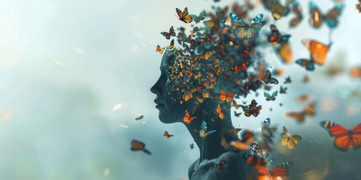 Silhouette of a human head dispersing into butterflies on a soft-focus background. a human silhouette breaking into a swarm of butterflies, symbolizing transformation and personal growth