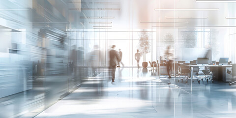 This photo captures a blurred image of people walking in an office setting. The individuals appear to be busy and on the move within the workplace environment - obrazy, fototapety, plakaty