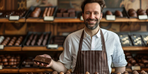 A photo of a master confectioner in a striped apron holding a piece of chocolate in his hands