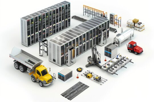 3D Render of data center being built, with server racks, cooling systems, and construction equipment, on isolated white background, Generative AI