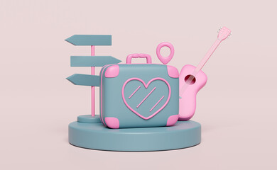 3d close suitcase with heart shaped pattern, podium, road signs, pin, guitar isolated on pink background. summer travel concept, 3d render illustration