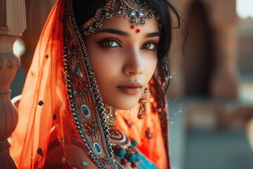 Eastern European woman wearing traditional orange and gold jewelry. Fictional character created by Generated AI.  - obrazy, fototapety, plakaty
