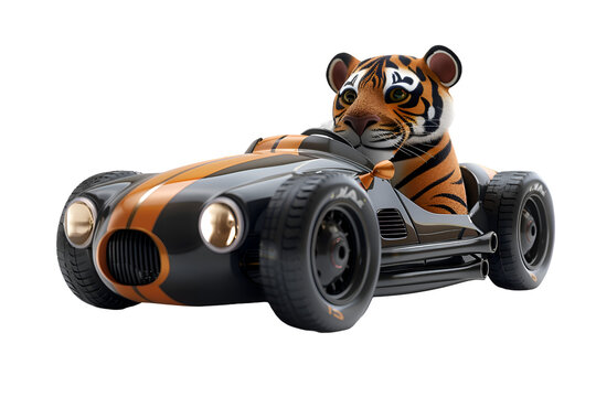 A confident 3D animated cartoon render of a tiger racing in a sleek race car.