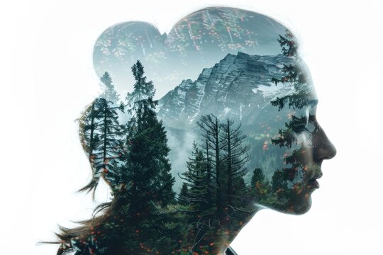 Double exposure of a woman's silhouette and forest landscape.