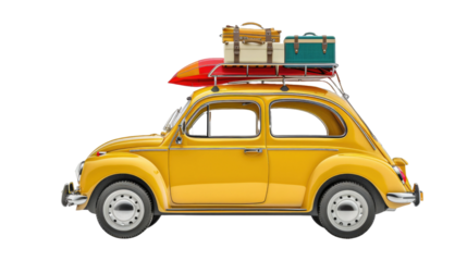 Retro car with luggage and beach equipment on transparent background. Summer vacation concept.