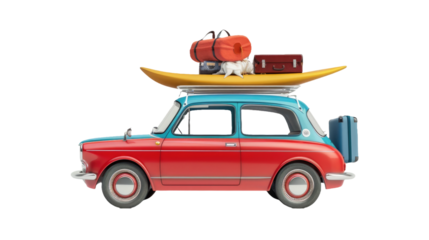 Retro car with luggage and beach equipment on transparent background. Summer vacation concept.
