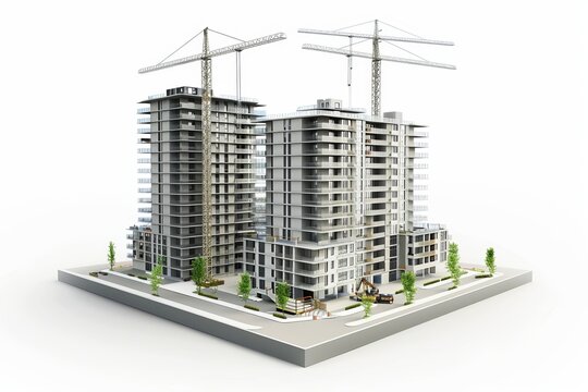 3D Render of mixed-use development project, with residential, commercial, and recreational spaces under construction, on isolated white background, Generative AI