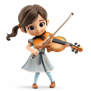 3D illustration of a young girl cartoon character playing the violin, with space for text on a clean white background, ideal for music-themed designs and educational content