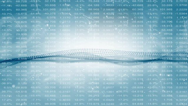 Abstract bright glowing blue loop digital waves with business spreadsheet data loop animation.