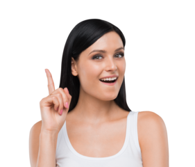 Portrait of a young woman smiling and pointing upwards, wearing casual white top, on a white background. Lifestyle and emotions concept