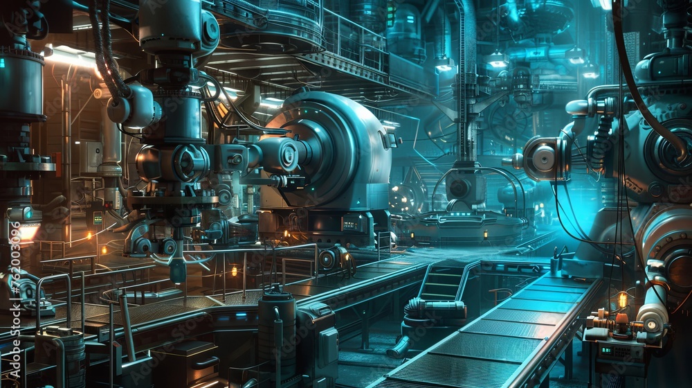 Aufkleber digital rendering of a futuristic factory interior with high-tech machinery and robotic automation, 